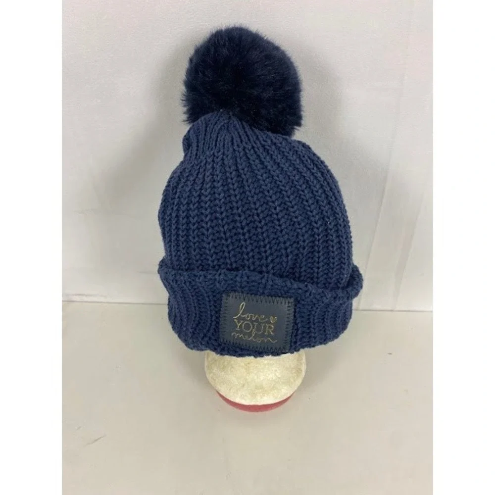 Love Your Melon Navy Blue Knit Beanie Faux Fur Pom Pom Cuffed Winter Hat USA - Picture 1 of 5